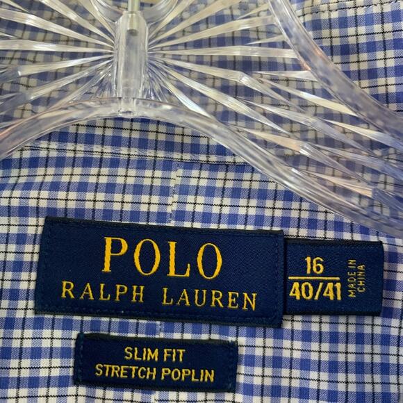 POLO Ralph Lauren Slim Fit Stretch Poplin Plaid Blue/White Button Down Shirt - Picture 3 of 6